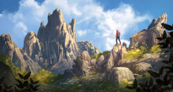  1boy black_bag black_pants blue_sky boulder bush clouds commentary day english_commentary from_behind highres hood hoodie landscape leaf moss original outdoors painterly pants plant red_hoodie rock scenery sky sunlight sylvain_sarrailh web_address 