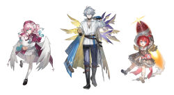  1boy 2girls absurdres alternate_costume angel_wings ankle_socks antenna_hair aqua_hair arms_up bag_charm belt black_boots black_choker black_gloves black_shoes blue_cape blue_eyes blue_pants boots brown_dress brown_socks cape character_charm charm_(object) choker closed_mouth commentary_request creature cross-shaped_pupils dress drill_hair full_body gloves gradient_hair green_eyes hair_between_eyes hair_ornament hair_scrunchie hat highres holding holding_creature holding_paper holding_rocket holding_unworn_cape holding_unworn_clothes honkai:_star_rail honkai_(series) hyacine_(honkai:_star_rail) knee_boots korean_commentary little_ica_(honkai:_star_rail) long_hair long_sleeves looking_at_viewer mary_janes mechanical_wings multicolored_hair multiple_girls neck_tattoo open_mouth pants pantyhose paper partial_commentary phainon_(honkai:_star_rail) pink_bag pink_hair pointy_ears purple_wings red_cape red_hair red_hat rocket scrunchie sheath sheathed shirt shoes short_hair simple_background single_glove smile socks sp0i0ppp sparkling_eyes sun_symbol sun_tattoo sword symbol-shaped_pupils tattoo trianne_(honkai:_star_rail) tribbie_(honkai:_star_rail) trinnon_(honkai:_star_rail) twin_drills twintails two-sided_cape two-sided_fabric unworn_cape weapon white_background white_dress white_hair white_pantyhose white_scrunchie white_shirt white_wings wings yellow_wings 