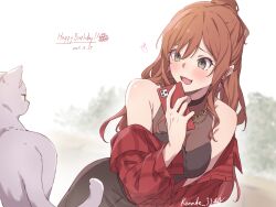  1girl absurdres animalization bang_dream! bang_dream!_girls_band_party! black_shirt blush brown_hair cat cellphone commentary_request dated earrings green_eyes half_updo happy_birthday heart highres holding holding_phone imai_lisa jacket jewelry kanade_(kanade_3344) long_hair minato_yukina open_mouth phone red_jacket see-through_cleavage see-through_clothes shirt smartphone 