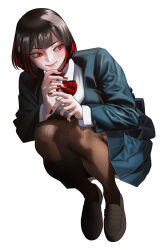  1girl absurdres bow bowtie brown_hair brown_pantyhose closed_eyes closed_mouth commentary highres kanata_rana multicolored_hair original pantyhose red_bow red_bowtie red_eyes red_hair red_nails school_uniform simple_background skirt smile solo squatting striped_clothes striped_pantyhose two-tone_hair untranslatable_commentary white_background 