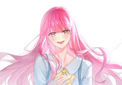  1girl absurdres blunt_bangs brown_eyes chinese_commentary collarbone collared_shirt commentary_request eyelashes eyes_visible_through_hair floating_hair hand_on_own_chest happy highres junjunjunjunjun light_blush long_hair long_sidelocks long_sleeves looking_at_viewer nikki_(nikki) nikki_(series) nikki_up2u2:_world_traveller open_mouth pink_hair shirt sidelocks simple_background smile solo suspenders teeth upper_body upper_teeth_only very_long_hair wavy_hair white_background white_shirt 