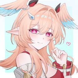  1girl bare_shoulders blush closed_mouth commentary_request detached_sleeves fukami_nau genshin_impact hair_between_eyes hair_intakes hair_ornament hand_up head_wings heart heart-shaped_pupils highres linnea_(genshin_impact) long_hair looking_at_viewer pink_eyes pink_hair pointy_ears portrait smile solo symbol-shaped_pupils wings 