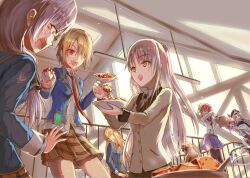  :d aikawa_megumi angel_beats! asakura_karen_(heaven_burns_red) backlighting black_hat black_thighhighs blank_eyes blonde_hair blue_jacket blue_skirt blurry bow braid brown_skirt collared_shirt commentary_request cowboy_shot depth_of_field feeding food food_on_face glasses green_bow green_eyes hair_bow hair_over_one_eye half_up_braid hat head_tilt heaven_burns_red highres holding holding_food holding_plate holding_spoon indoors inugami86 izumi_yuki_(heaven_burns_red) jacket kayamori_ruka kunimi_tama long_bangs long_hair looking_at_another mapo_tofu miniskirt nakamura_yuri neck_ribbon necktie one_eye_covered open_clothes open_jacket open_mouth peaked_cap pink_hair plate pleated_skirt ponytail profile red-framed_eyewear red_necktie ribbon school_uniform shirt short_hair sitting skirt smile spoon standing story_in_commentary straight_hair sweatdrop tachibana_kanade team_31a_(heaven_burns_red) teeth thigh-highs toujou_tsukasa upper_teeth_only v-shaped_eyebrows very_long_hair white_hair white_shirt white_thighhighs wide-eyed yellow_eyes yellow_ribbon zettai_ryouiki 