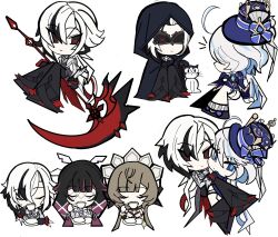  4girls 92837lan ahoge arlecchino_(genshin_impact) asymmetrical_gloves black_eyes black_gloves black_hair blue_eyes blue_hair blue_hat blue_pupils cat closed_eyes closed_mouth columbina_(genshin_impact) crimson_moon's_semblance_(genshin_impact) cup drop-shaped_pupils furina_(genshin_impact) genshin_impact gloves grey_hair hair_between_eyes hair_ornament hat head_wings heterochromia highres holding holding_cup holding_weapon huge_ahoge mismatched_pupils multicolored_hair multiple_girls notice_lines profile purple_hair red_pupils sandrone_(genshin_impact) streaked_hair symbol-shaped_pupils top_hat u_u weapon white_gloves white_hair wings x-shaped_pupils x_hair_ornament yuri 
