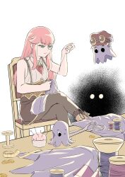 1girl aivy_lovencraft craftito fanart goggles goggles_on_head green_eyes highres indie_virtual_youtuber long_hair monocle otelopen pink_hair sewing simple_background sitting vtuber vtuberfanart