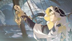  1boy arm_up artist_request black_hair chinese_commentary cloak closed_mouth clouds commentary_request commission gehrman_sparrow glasses highres holding holding_lantern hood hood_up hooded_cloak klein_moretti lantern leaf long_sleeves looking_afar lord_of_the_mysteries male_focus ocean outdoors profile rain second-party_source ship short_hair sky solo suction_cups tentacles upper_body water watercraft waves yellow_eyes 