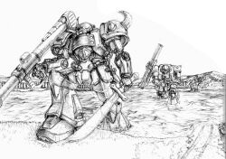 absurdres aoi_onion bazooka_(gundam) cable commentary_request desert gouf greyscale gundam highres looking_ahead looking_to_the_side mecha mecha_focus mobile_suit mobile_suit_gundam monochrome no_humans one-eyed radio_antenna robot scene_reference science_fiction scope shoulder_spikes sketch spikes weapon white_background zaku_ii zeon 