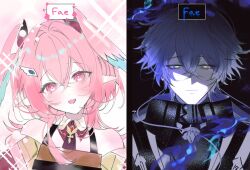  1boy 1girl :d bags_under_eyes bare_shoulders black_background blue_fire blue_hair blue_wings blush bright_pupils closed_mouth commentary comparison crossed_bangs dot_nose double-parted_bangs false_smile feathered_wings fire flins_(genshin_impact) genshin_impact glowing glowing_eyes hair_between_eyes hair_intakes hair_ornament head_tilt head_wings heart heart-shaped_pupils highres light_smile linnea_(genshin_impact) looking_at_viewer medium_hair narrowed_eyes necktie open_mouth pink_background pink_eyes pink_hair pink_wings pointy_ears polar_opposites purple_necktie shaded_face smile sparkle sparkling_aura straitjacket symbol-shaped_pupils to_ko two-tone_background two-tone_wings untranslatable_commentary upper_body white_pupils wing_collar wing_hair_ornament wings wolf_cut yellow_eyes 