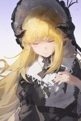  1girl absurdres arknights black_dress black_horns blonde_hair bonnet chinese_commentary closed_eyes closed_mouth commentary_request demon_girl demon_horns dress highres horns long_hair mumu_millhayes nightingale_(an_elegy)_(arknights) nightingale_(arknights) official_alternate_costume pointy_ears solo upper_body 