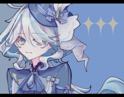  1girl ahoge ascot blue_ascot blue_background blue_eyes blue_gem blue_hair blue_hat blue_jacket closed_mouth commentary_request drop-shaped_pupils furina_(genshin_impact) gem genshin_impact hat heterochromia highres jacket long_hair looking_at_viewer mismatched_pupils multicolored_hair ouji_fashion portrait smile solo streaked_hair symbol-shaped_pupils top_hat toriniku_(tori_paku2) white_hair 