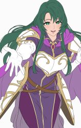  1girl absurdres armor breastplate breasts cape cecilia_(fire_emblem) commentary curtained_hair elbow_gloves english_commentary fire_emblem fire_emblem:_the_binding_blade floating_hair gloves green_eyes green_hair hair_between_eyes highres large_breasts long_sidelocks looking_at_viewer offering_hand oldmanjenkins84 open_hand outstretched_hand parted_bangs parted_lips pauldrons purple_cape reaching reaching_towards_viewer shoulder_armor sidelocks simple_background smile solo tassets upper_body white_background white_gloves 