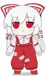  1girl baggy_pants bow buttons collared_shirt fujiwara_no_mokou fumo_(doll) hair_bow highres hime_cut long_hair long_sleeves ofuda ofuda_on_clothes pants red_eyes red_footwear red_pants rei_(tonbo0430) shirt shoes sidelocks simple_background sleeve_garter solo suspenders touhou very_long_hair white_background white_bow white_hair white_shirt 
