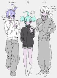  1girl 2boys :< :p ahoge aqua_hair asymmetrical_bangs baggy_pants barefoot black_jacket black_nails blush_stickers bob_cut cat character_doll colored_skin commentary doll dolphin_shorts double_bun double_vertical_stripe ear_piercing familiar full_body green_eyes grey_background grey_jacket grey_pants grey_shorts hair_bun hair_ornament hairclip hand_in_pocket height_difference highres holding holding_doll huge_ahoge inward_v jacket jaggy_lines jewelry looking_at_viewer midriff_peek mole mole_under_eye multicolored_hair multiple_boys multiple_rings original pants pastel_colors piercing pink_skin purple_hair rabbit rabbit_hair_ornament red_eyes ring short_eyebrows short_hair shorts silver_ring single_hair_streak single_sidelock sleeves_past_wrists socks standing streaked_hair striped_clothes striped_pants susushi_11 thick_eyebrows tongue tongue_out track_jacket untranslatable_commentary v vertical-striped_clothes vertical-striped_pants walking white_hair white_jacket white_socks white_streaks wispy_bangs 