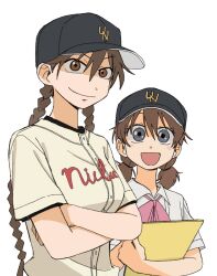  2girls baseball_cap braid brown_eyes brown_hair clothes_writing crossed_arms hat highres long_hair looking_at_viewer multiple_girls open_mouth original shirt short_sleeves simple_background smile ttazem twin_braids upper_body 