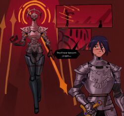  2girls absurdres alternate_costume armor black_eyes blue_hair breastplate commentary covered_face crest elster_(signalis) english_commentary falke_(signalis) faulds full_armor gauntlets halo halo_behind_head helmet highres holding holding_polearm holding_sword holding_weapon humanization knight multiple_girls omnlet pauldrons polearm red_background scar scar_on_face scar_on_nose short_hair shoulder_armor signalis spear speech_bubble sword weapon 