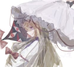  1girl absurdres blonde_hair closed_mouth commentary dress expressionless from_side gap_(touhou) hair_ribbon hat highres holding holding_umbrella long_hair long_sleeves mob_cap purple_tabard red_eyes ribbon solo swspiellll tabard touhou umbrella violet_eyes white_background white_dress yakumo_yukari 