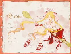  1girl ^_^ absurdres arm_warmers armlet back_bow bare_shoulders blonde_hair border bow chinese_commentary choker closed_eyes commentary_request copyright_name double_bun dreamtime_bestowed_(infinity_nikki) dress footwear_bow frilled_arm_warmers frilled_bow frilled_dress frills full_body gehaha_(xinjinjumin780663190669) hair_bow hair_bun hair_ornament hair_ribbon halo happy heart heart_hair_ornament highres holding holding_spoon infinity_nikki jewelry knees_up large_bow leg_ribbon long_hair multicolored_shoes neck_ribbon nikki_(series) official_alternate_color open_mouth orange_border oversized_object red_bow red_halo red_ribbon red_shoes ribbon shoes short_dress signature sitting sleeveless sleeveless_dress smile solo spaghetti_strap spoon sprinkles teeth two-tone_shoes upper_teeth_only very_long_hair wavy_hair white_arm_warmers white_background white_bow white_choker white_dress white_ribbon 