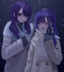  2girls :d ^_^ aegyo_sal arm_at_side asahina_mafuyu asahina_mafuyu's_mother backlighting black_gloves brown_jacket brown_scarf buttons closed_eyes closed_mouth commentary_request double-breasted fur-trimmed_jacket fur_trim gloves grey_sweater hair_ornament hair_scrunchie hand_on_another's_shoulder hand_up highres jacket jishou_210 layered_sleeves long_hair long_sleeves looking_at_viewer mother_and_daughter multiple_girls night open_mouth orange_scrunchie outdoors parted_hair ponytail project_sekai purple_hair ribbed_sweater scarf scrunchie sidelighting sleeves_past_wrists smile sweater tongue upper_body violet_eyes waving 