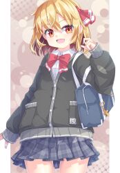  1girl bag blonde_hair blue_bag blue_skirt bow bowtie breasts cardigan collared_shirt commentary_request contemporary cowboy_shot fang grey_cardigan hair_between_eyes hair_ribbon highres looking_at_viewer medium_hair open_mouth orange_eyes plaid_clothes plaid_shirt pleated_skirt red_bow red_bowtie red_ribbon ribbon rumia school_bag school_uniform shirt skin_fang skirt small_breasts smile solo touhou uumaru white_shirt 