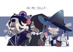  !? 3boys ^_^ affogato_cookie androgynous anger_vein angry black_eyes black_gloves black_hair black_hat black_hoodie blue_background blue_hat blunt_sidelocks braid braided_sidelock brooch brown_gloves brown_hair capelet center-flap_bangs clenched_hands closed_eyes colored_tips commentary_request cookie_run cookie_run:_kingdom cropped_torso crossed_arms dark-skinned_male dark_skin deformed dreadlocks english_text eyes_visible_through_hair eyeshadow facing_ahead frown gloves grey_capelet hair_over_one_eye hair_tie hands_up hat heart heart_brooch highres hinahinahina0421 hood hood_up hoodie humanization jewelry large_hat letterboxed licorice_cookie long_hair long_sleeves looking_ahead makeup male_focus multicolored_hair multiple_boys necklace one_eye_closed one_eye_covered open_mouth outline outside_border peanut_mouth prune_juice_cookie purple_eyeshadow purple_hair rectangular_mouth shirt short_hair sidelocks simple_background skull_necklace slit_pupils straight_hair sweatdrop trap two-sided_fabric two-sided_headwear two-tone_hair v-shaped_eyebrows white_eyes white_hair white_outline white_shirt wide_sleeves witch_hat 