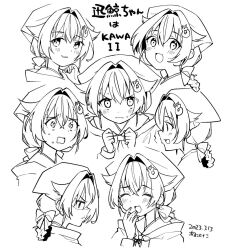  blush bow braid character_name clenched_hands closed_eyes closed_mouth commentary_request dated greyscale hair_bow hair_flaps hair_intakes hair_ornament hand_to_own_mouth jingei_(kancolle) kantai_collection kirisawa_juuzou monochrome multiple_expressions multiple_views open_mouth parted_lips shaded_face signature simple_background sweat translation_request 