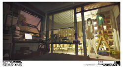  1girl 3d absurdres autumn bare_legs black_eyes black_hair bonsai book box brown_eyes brown_shirt building chair childwolf city city_lights cityscape commentary_request computer desk desk_lamp dust english_text flower_pot full_body highres indoors ladder lamp laptop living_room medium_hair original plant scenery shadow shirt shorts slippers solo standing sunset table tenno_sho towel unworn_shirt window 