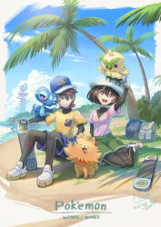  1boy 1girl backpack bag beach black_bodysuit black_hair blue_bag blue_hat blue_skin bodysuit bodysuit_under_clothes brown_eyes brown_hair browt closed_eyes closed_mouth colored_skin commentary_request fangs feathers female_protagonist_(pokemon_ww) fingerless_gloves floral_print_shirt gecqua gloves green_shorts grey_eyes hat highres holding hooh_lin hoverboard layered_sleeves long_sleeves male_protagonist_(pokemon_ww) ocean on_head one_eye_closed open_mouth orange_fur outdoors palm_tree partially_fingerless_gloves pink_shirt pokemon pokemon_(creature) pokemon_on_arm pokemon_on_head pokemon_ww pombon shirt short_hair short_over_long_sleeves short_sleeves shorts smile tail teeth tongue tongue_out tree water white_hat yellow_feathers yellow_shirt 