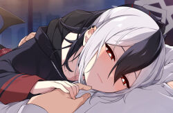  1boy 1girl artist_name black_hair black_hoodie black_wings blue_archive bright_pupils closed_mouth collarbone commentary_request dated demon_horns earclip grey_halo hair_between_eyes halo hand_on_another's_back hand_on_another's_hand head_on_chest hetero highres hood hoodie horns indoors kayoko_(blue_archive) long_hair low_wings lying_on_person mole mole_on_collarbone multicolored_hair night red_eyes sensei_(blue_archive) shirt signature single_wing skyline smile solo tsuki_tokage two-tone_hair white_hair white_pupils white_shirt window wings 