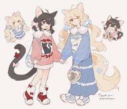  2girls :d ahoge animal_ears bag black_hair blonde_hair blue_hoodie blue_skirt blush bow cat_ears cat_girl cat_tail chibi chibi_inset closed_mouth clothing_request commentary dot_mouth eyes_visible_through_hair fang frills gomafuto hair_between_eyes hair_bow hair_ornament hairclip holding holding_bag holding_hands hood hoodie long_hair long_skirt long_sleeves medium_hair multiple_girls open_mouth original paw_shoes pink_hoodie puffy_sleeves shoulder_bag skirt smile tail tail_ornament waving 