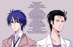  2boys beard_stubble black_hair blazer blue_hair chaos;head collarbone commentary dress_shirt english_commentary english_text facial_hair highres jacket lab_coat loose_necktie male_focus messy_hair moonlight_shadxw multiple_boys necktie nishijou_takumi okabe_rintarou open_collar school_uniform science_adventure serious shirt simple_background steins;gate stubble suimei_academy_school_uniform t-shirt white_shirt yellow_eyes 