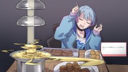  1girl absurdres bang_dream! bang_dream!_mugendai_mewtype black_choker blue_hair blue_jacket choker chopsticks closed_eyes commentary_request food highres holding holding_chopsticks jacket kanade_(kanade_3344) long_sleeves marshmallow_(site) minetsuki_ritsu open_mouth pink_hair request_inset shirt short_hair solo teeth translation_request upper_teeth_only virtual_youtuber white_shirt 