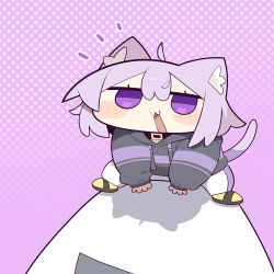  1girl :3 absurdres ahoge animal_ears cat_ears cat_girl cat_tail cocomayo29_(tomato) commentary_request hair_between_eyes highres hololive hood hoodie korean_commentary long_sleeves nekomata_okayu nekomata_okayu_(1st_costume) open_mouth purple_hair solo tail violet_eyes virtual_youtuber 