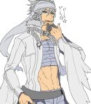  1boy abs chest_sarashi fingernails flat_color grey_hair grey_nails jacket katagiri_hachigou male_focus nail_polish open_clothes open_jacket open_mouth personification pokemon reshiram sarashi simple_background smile white_background white_jacket 