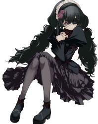  1girl black_hair black_pantyhose black_shirt black_shoes black_skirt bright_pupils closed_mouth collared_shirt expressionless eyepatch flower frilled_skirt frilled_sleeves frills full_body gothic_lolita hair_flower hair_ornament highres juliet_sleeves lolita_fashion long_hair long_sleeves looking_to_the_side maid_headdress numata_eki original own_hands_together pantyhose puffy_sleeves rose shirt shoes simple_background sitting skirt solo twintails violet_eyes white_background white_pupils wide_sleeves 