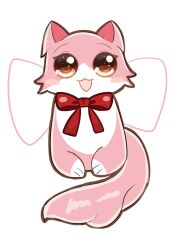  absurdres animalization back_bow bow bowtie brown_eyes cat chinese_commentary commentary_request happy highres nikki_(nikki) nikki_(series) no_humans open_mouth pink_cat red_bow red_bowtie shining_nikki simple_background smile straight-on white_background zhongxiayezhixia12502 