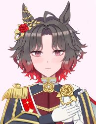  ahoge animal_ears black_jacket blush brooch brown_hair closed_mouth commentary_request ear_flower ear_ornament epaulettes flower flower_brooch four-pointed_star gloves gradient_hair highres horse_ears horse_girl jacket jewelry long_sleeves looking_at_viewer multicolored_hair print_sash red_hair red_sash rose_kingdom_(umamusume) sash short_hair simple_background single_epaulette sora_(sjnz7474) two-tone_hair umamusume upper_body vertical-striped_sleeves white_gloves 