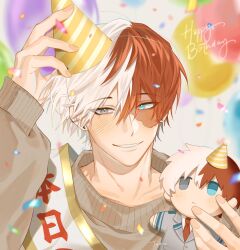  1boy birthday_sash blue_eyes blush boku_no_hero_academia brown_sweater character_doll commentary_request doll earrings grey_eyes happy_birthday hat heterochromia highres jewelry joikzo male_focus multicolored_hair party_hat red_hair smile solo split-color_hair sweater teeth todoroki_shoto white_hair 