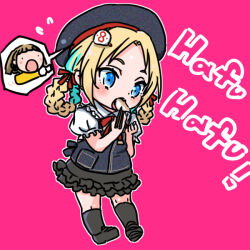  ._. 1girl :o apron black_apron black_shoes black_skirt black_socks blonde_hair blue_eyes blue_streaks braid braided_hair_rings chopsticks collared_shirt commentary_request deformed dumpling eating flying_sweatdrops food frilled_shirt_collar frilled_skirt frilled_sleeves frills full_body hachiban_ramen hachiban_ramen_uniform hair_rings holding holding_chopsticks holding_with_chopsticks jiaozi kachimachi_kosuzu link!_like!_love_live! loafers love_live! medium_hair miniskirt multicolored_hair open_mouth osawa_rurino parted_bangs pink_background puffy_short_sleeves puffy_sleeves shinanoya_(satanicad) shirt shoes short_sleeves simple_background skirt socks solo_focus spoken_character streaked_hair virtual_youtuber white_shirt 