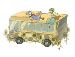  2girls arms_behind_head artist_name ascot blue_bow blue_dress blue_hair bow bowtie bus cirno closed_eyes commentary_request daiyousei dress fairy_wings flower green_hair hair_between_eyes hair_bow ice ice_wings knee_up lying motor_vehicle multiple_girls on_back puffy_short_sleeves puffy_sleeves red_bow red_bowtie shi_yu_mu_xi shirt short_hair short_sleeves simple_background sitting sunflower touhou white_background white_shirt wide_shot wings yellow_ascot 