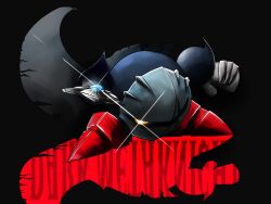  armor black_background cape character_name commentary_request dark_meta_knight holding holding_sword holding_weapon ibispaint_(medium) kirby_(series) nmuk4384 no_humans pauldrons shoulder_armor solo sparkle sword torn_cape torn_clothes weapon yellow_eyes 