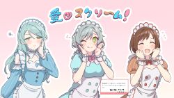 3girls absurdres ai_scream!_(love_live!) apron aqua_hair bang_dream! bang_dream!_girls_band_party! blue_dress blush border brown_hair closed_eyes clothing_cutout commentary_request cosplay dress green_eyes hazawa_tsugumi highres hikawa_hina hikawa_sayo kanade_(kanade_3344) kurosawa_ruby kurosawa_ruby_(cosplay) long_hair long_sleeves love_live! love_live!_nijigasaki_high_school_idol_club love_live!_sunshine!! love_live!_superstar!! maid maid_headdress marshmallow_(site) multiple_girls one_eye_closed open_mouth outside_border pink_background request_inset short_hair short_sleeves shoulder_cutout squiggle star-shaped_pupils star_(symbol) symbol-shaped_pupils translation_request uehara_ayumu uehara_ayumu_(cosplay) waist_apron wakana_shiki wakana_shiki_(cosplay) white_apron white_border white_wrist_cuffs wrist_cuffs 