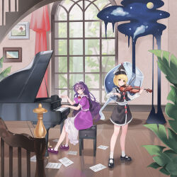  2girls absurdres ailu_elf black_hat black_skirt black_vest blonde_hair bow bow_(music) bowtie chinese_commentary chloe_ardenne chloe_no_requiem closed_mouth commentary_request crossover dress frilled_hat frills hairband hat highres holding holding_bow_(music) holding_instrument holding_violin indoors instrument long_hair long_sleeves lunasa_prismriver mary_janes multiple_girls music pages piano pink_dress pink_eyes playing_instrument playing_piano puffy_short_sleeves puffy_sleeves purple_hair purple_shoes red_bow red_bowtie shirt shoes short_hair short_sleeves skirt skirt_set smile socks touhou very_long_hair vest violin white_hairband white_shirt white_socks window yellow_eyes 
