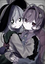  2girls :o blue_shirt bright_pupils chair commentary expressionless green_eyes green_hair hair_between_eyes hairband hands_on_another's_back hands_on_another's_shoulders hat highres komeiji_koishi komeiji_satori looking_at_viewer medium_hair multiple_girls on_chair pink_eyes pink_hair shirt short_hair siblings sitting sitting_on_lap sitting_on_person third_eye touhou tya_514 white_pupils yellow_shirt 