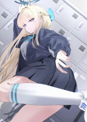  1girl black_skirt blonde_hair blue_archive blue_bow blue_bowtie blue_eyes blue_halo bow bowtie braid closed_mouth collared_shirt commentary_request from_behind halo highres kumakono locker long_hair shirt shoes skirt socks solo standing standing_on_one_leg toki_(blue_archive) white_shirt white_shoes white_socks 