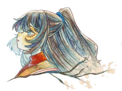  1boy aqua_eyes black_hair branch coat commentary_request e.g.o_(project_moon) half_updo highres hong_lu_(project_moon) land_of_illusion_(e.g.o) limbus_company long_hair looking_up mandarin_collar mochigome_138 parted_lips project_moon red_shirt shirt simple_background solo striped_coat very_long_hair white_background 