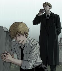  2boys black_coat black_necktie blonde_hair chainsaw_man clenched_teeth coat commentary_request crying crying_with_eyes_open denji_(chainsaw_man) drinking grave hand_in_pocket highres hip_flask kishibe_(chainsaw_man) korean_commentary long_coat loose_necktie male_focus multiple_boys necktie sawgak scar scar_on_cheek scar_on_face sharp_teeth shirt sleeves_rolled_up tears teeth tombstone white_shirt 