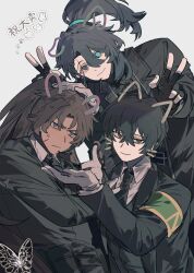  3boys absurdres aqua_eyes armband black_coat black_eyes black_gloves black_hair black_jacket black_necktie black_vest blue_eyes brown_hair bug butterfly closed_mouth coat collared_shirt commentary_request dark-skinned_male dark_skin double_v drawn_ears drawn_whiskers e.g.o_(project_moon) fingerless_gloves full-stop_office_(identity)_(project_moon) gloves green_armband grey_background heathcliff_(project_moon) heterochromia high_ponytail highres hong_lu_(project_moon) itokenaikei jacket lapels limbus_company lobotomy_corporation_(identity)_(project_moon) long_hair long_sleeves looking_at_viewer male_focus multiple_boys necktie notched_lapels ponytail project_moon scar scar_on_cheek scar_on_face shirt simple_background smile solemn_lament_(e.g.o) unamused v vest violet_eyes white_gloves white_shirt yi_sang_(project_moon) 