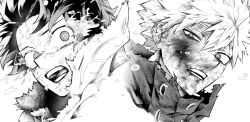  2boys bakugou_katsuki blood blood_on_face boku_no_hero_academia cape commentary_request dirty dirty_face floating_tears freckles greyscale highres itiruru713 looking_at_another male_focus midoriya_izuku monochrome multiple_boys open_mouth short_hair simple_background spiky_hair superhero_costume tears torn_clothes white_background 
