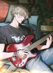  1boy amplifier aqua_eyes bandaid bandaid_on_cheek bandaid_on_face bandaid_on_hand bass_guitar belt black_shirt blonde_hair blue_pants bracelet brown_belt cellphone colored_eyelashes couch denim ear_piercing earrings fender_jazz_bass highres holding holding_bass_guitar holding_instrument instrument jeans jewelry looking_down male_focus marshall_amplification moeul mouth_hold music original pants parted_bangs pendant phone piercing pillow playing_instrument plectrum plectrum_in_mouth shirt shirt_tucked_in short_hair short_sleeves sitting smartphone solo stud_earrings t-shirt torn_clothes torn_jeans torn_pants vinyl_record wavy_hair wrist_belt 