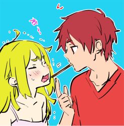  1boy 1girl ahoge bare_shoulders blonde_hair blush closed_eyes collarbone commentary_request couple embarrassed food food_in_mouth hair_down hetero ikuhashi_muiko imminent_pocky_kiss koujiro_frau long_hair looking_at_another messy_hair open_mouth pocky pocky_in_mouth red_hair robotics;notes science_adventure short_hair simple_background strap_pull tank_top upper_body yashio_kaito 
